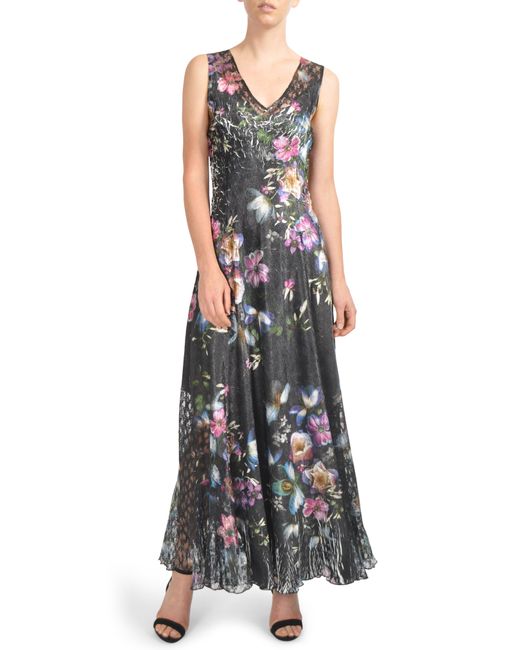Komarov Floral Print Lace-Up Gown