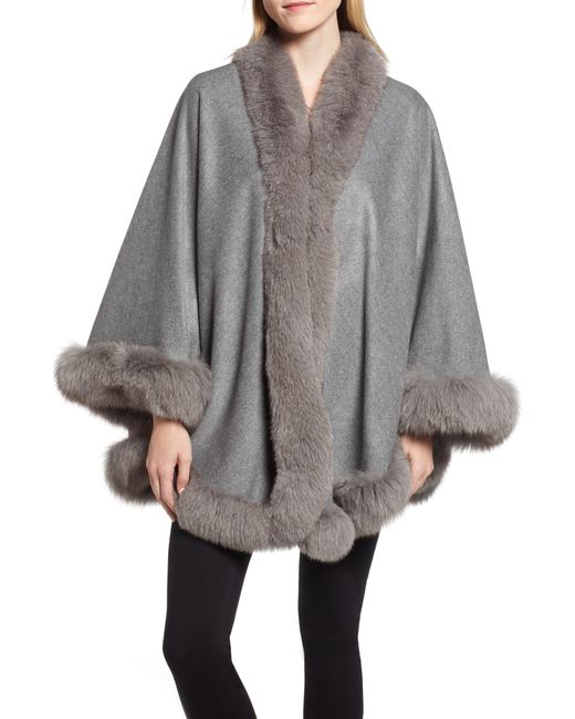 Belle Fare Genuine Fox Fur Trim Cashmere Cape One