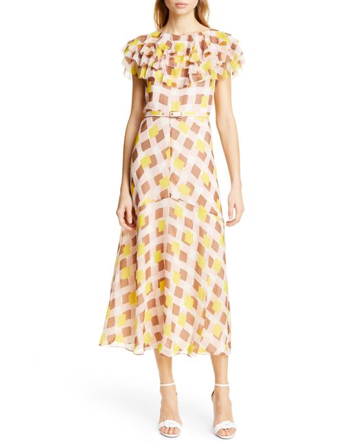 Kate Spade New York Geo Print Ruffle Silk Midi Dress