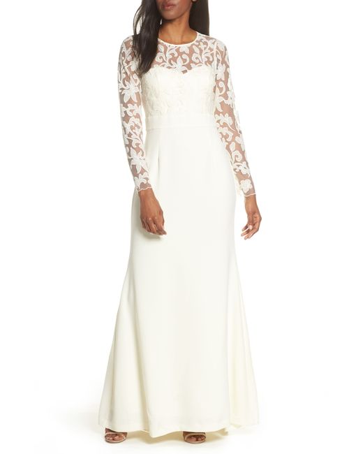Eliza J Long Sleeve Embroidered Mesh Bodice Trumpet Gown