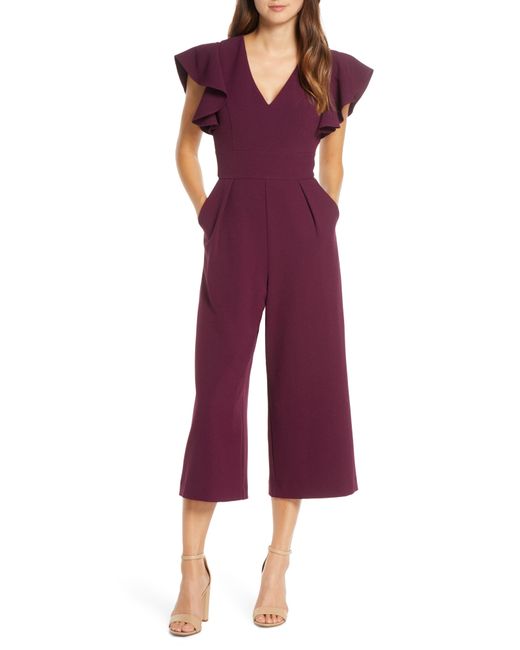 Eliza J Ruffle Sleeve Crepe Jumpsuit Purple