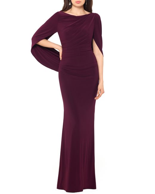 Betsy & Adam Drape Sleeves Trumpet Evening Gown