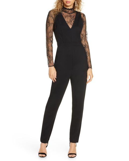 French Connection Tabetha Lula Long Sleeve Lace Jersey Jumpsuit