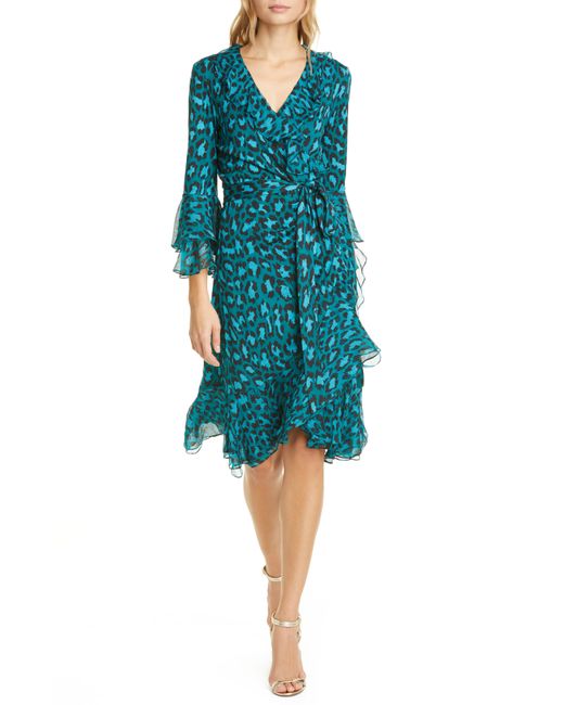 Dvf Carli Leopard Print Ruffle Silk Wrap Dress