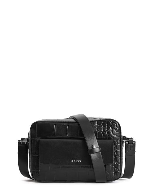 Reiss Archie Croc Embossed Leather Crossbody Bag Black