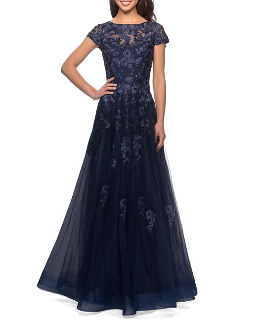 La Femme Embellished Mesh A-Line Gown Blue