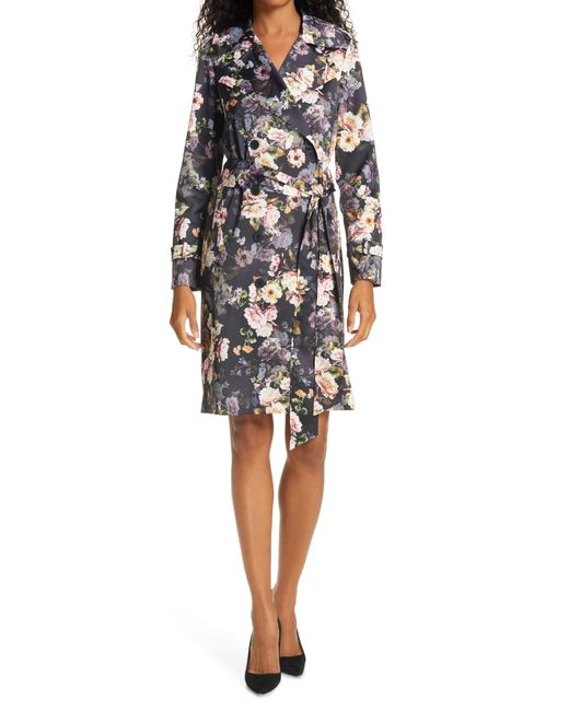 L'agence Atticus Floral Print Trench Coat Black