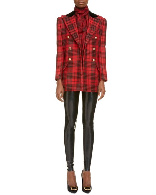 Saint Laurent Plaid Double Breasted Wool Jacket Red