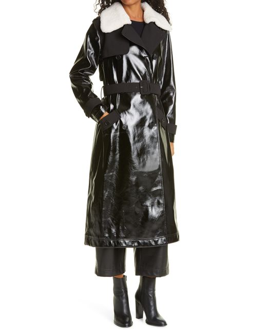 Self-Portrait Faux Leather Trench Coat With Removable Genuine Shearling Collar
