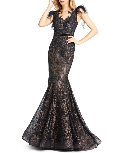 Mac Duggal Illusion Sequin Lace Feather Sleeve Mermaid Gown