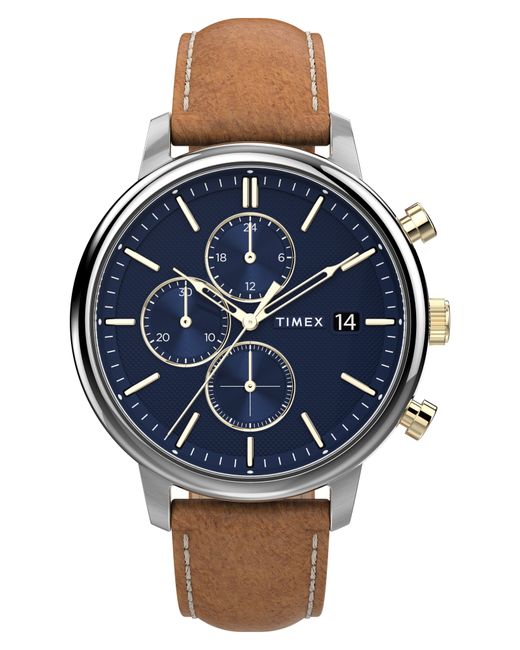 TimexR Timex Chicago Chronograph Leather Strap Watch 45mm