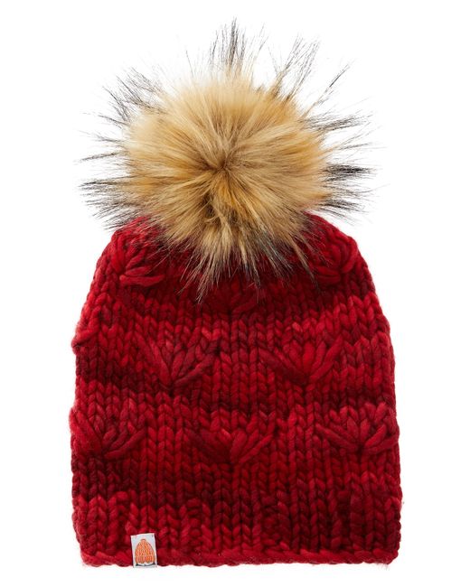 Sht That I Knit Sht That I Knit The Motley Merino Wool Beanie With Removable Faux Fur Pompom Red