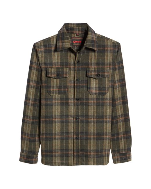 Schott Cpo Plaid Wool Blend Button-Up Shirt Jacket Green