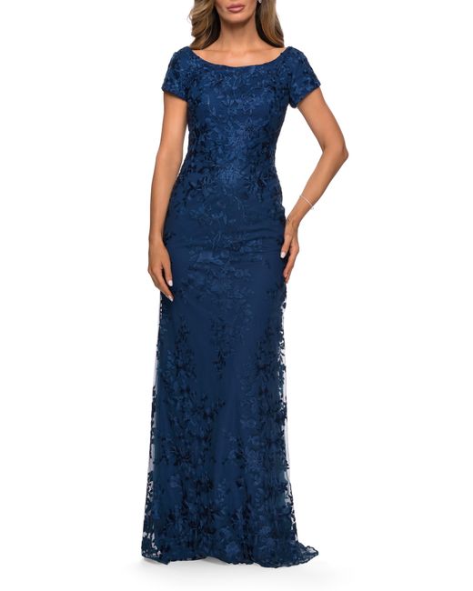 La Femme Lace A-Line Gown Blue