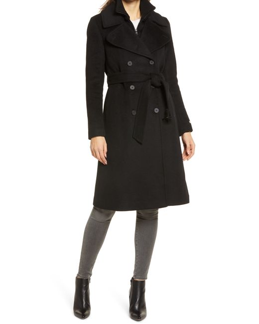 Soia & Kyo Double Breasted Belted Wool Blend Coat With Knit Bib Inset