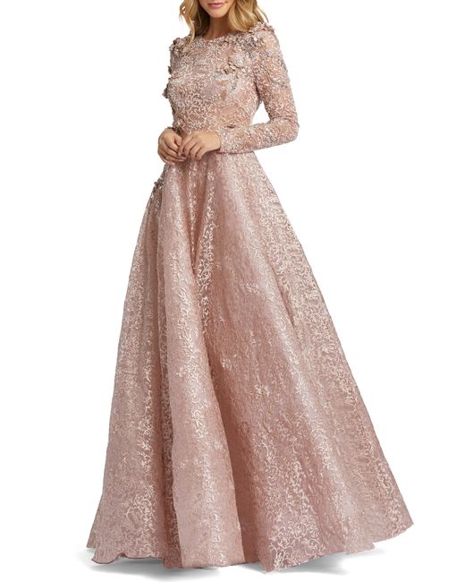 Mac Duggal Lace Long Sleeve A-Line Gown Pink