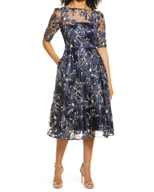 Eliza J Sequin Floral Embroidery Fit Flare Cocktail Midi Dress Blue