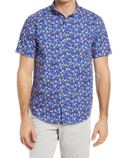 Johnston & Murphy Flamingo Print Short Sleeve Button-Down Shirt Blue