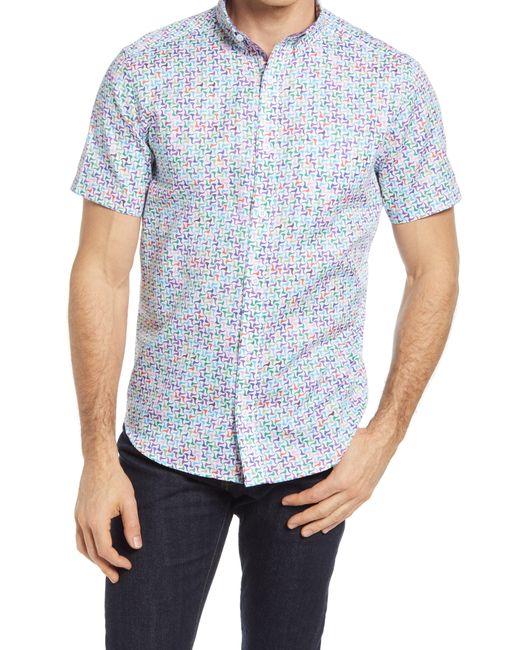 Johnston & Murphy Rainbow Spiral Print Short Sleeve Button-Down Shirt Purple