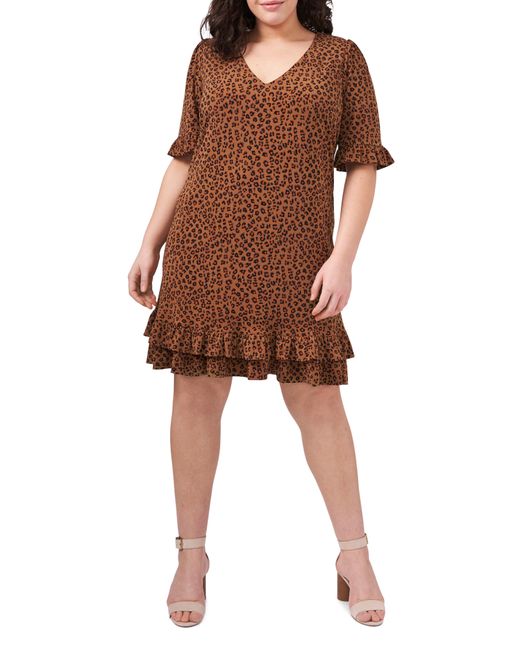 Cece Plus Leopard Print Ruffle Stretch Knit Dress