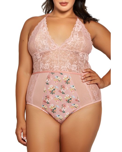 iCollection Plus Lace Floral Halter Teddy