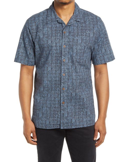 L.L.Bean Tropics Short Sleeve Button-Up Camp Shirt Blue