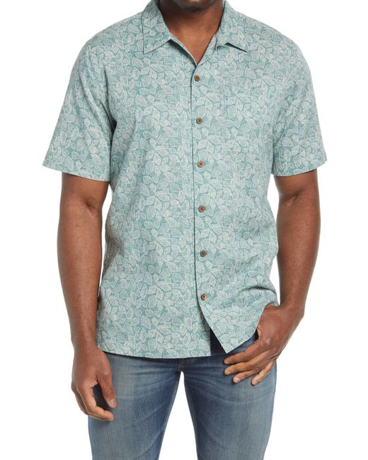 L.L.Bean Tropics Short Sleeve Button-Up Camp Shirt Green