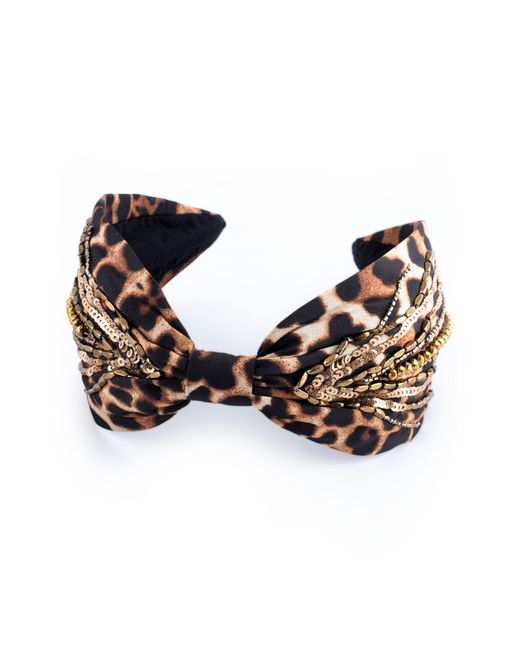 Namjosh Beaded Leopard Print Headband One Beige