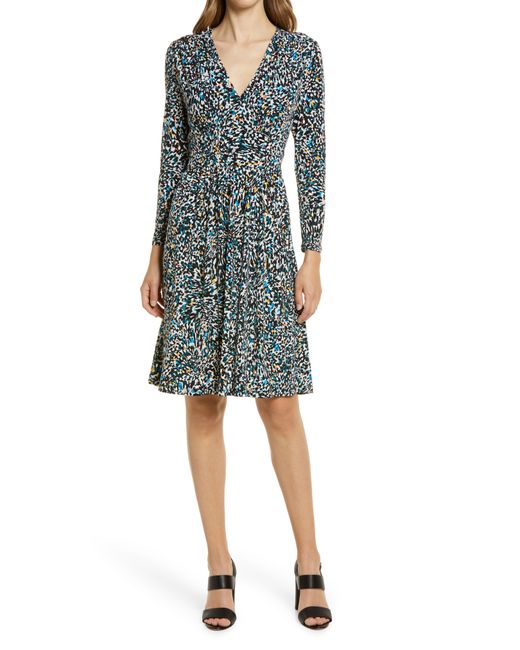 Maggy London Abstract Print Long Sleeve Fit Flare Dress Blue
