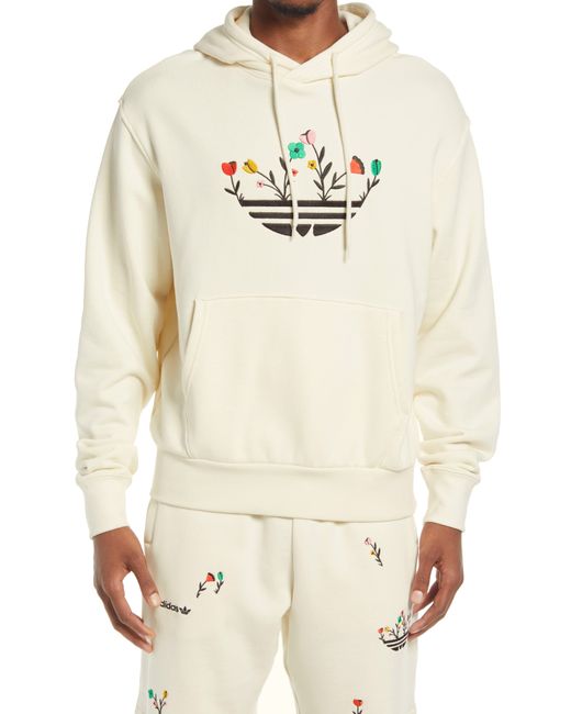 Adidas Originals Embroidered Trefoil Organic Cotton Graphic Hoodie Small Ivory