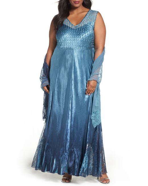 Komarov Plus Lace-Up Back Gown With Shawl Blue