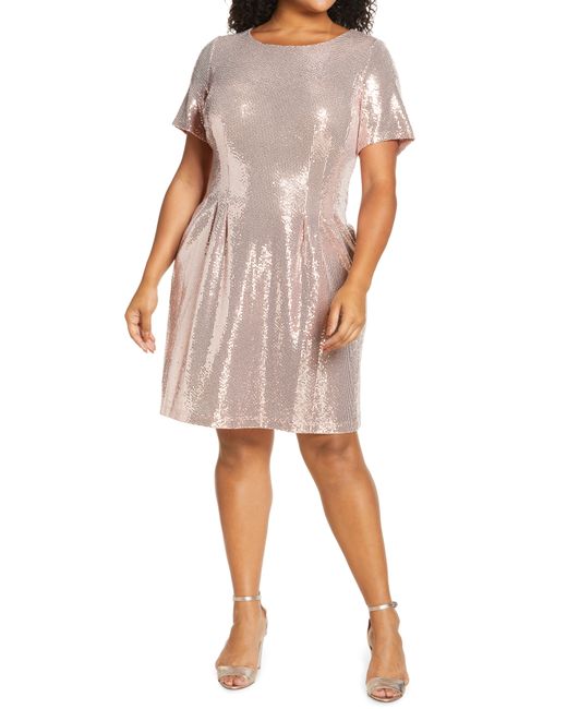 Caxlz By Connected Apparel Plus Kym Sequin Fit Flare Cocktail Dress Pink