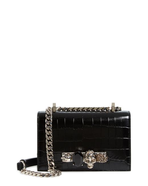 Alexander McQueen Mini Jewelled Croc Embossed Leather Crossbody Bag