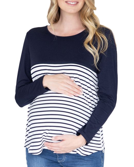 Angel Maternity Solid Stripe Nursing Top Blue