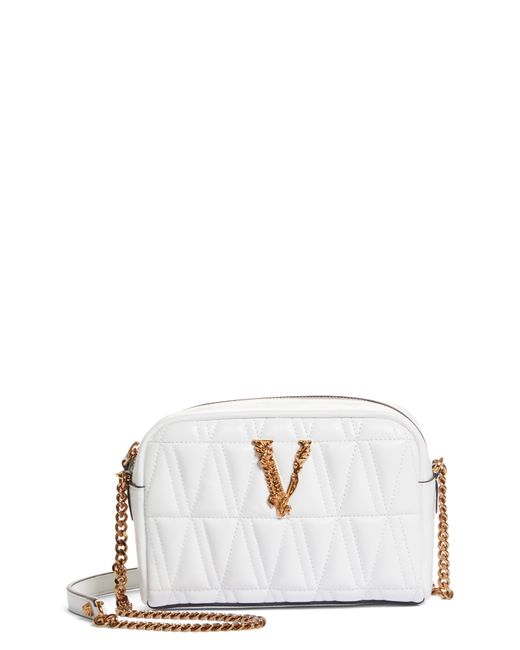Versace Virtus Mini Quilted Leather Camera Bag White