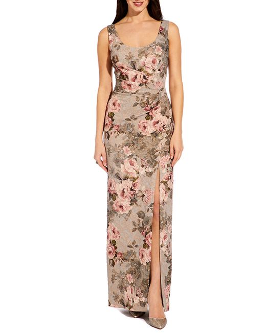 Adrianna Papell Floral Print Brocade Gown Pink