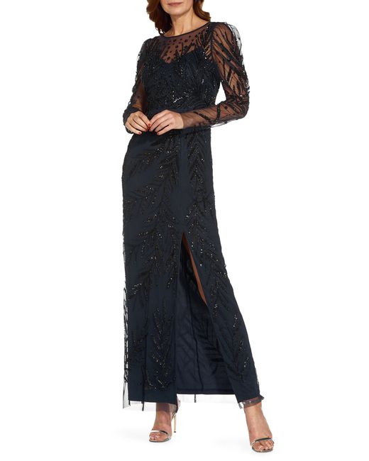 Adrianna Papell Beaded Mesh Long Sleeve Gown Blue