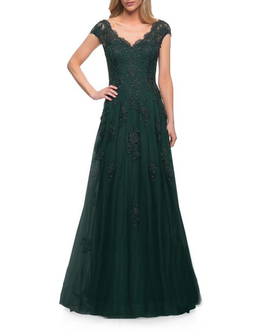 La Femme Embellished Tulle Lace A-Line Gown in at