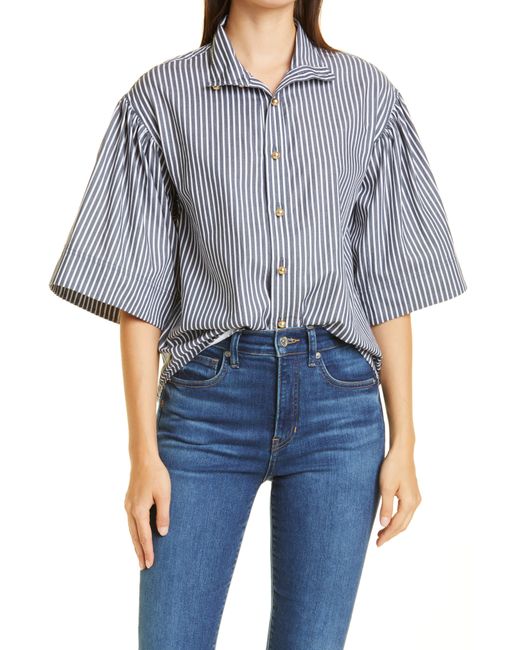 Tanya Taylor Kenna Wide Sleeve Cotton Button-Down Shirt in Marine Navy/White at Nordstrom