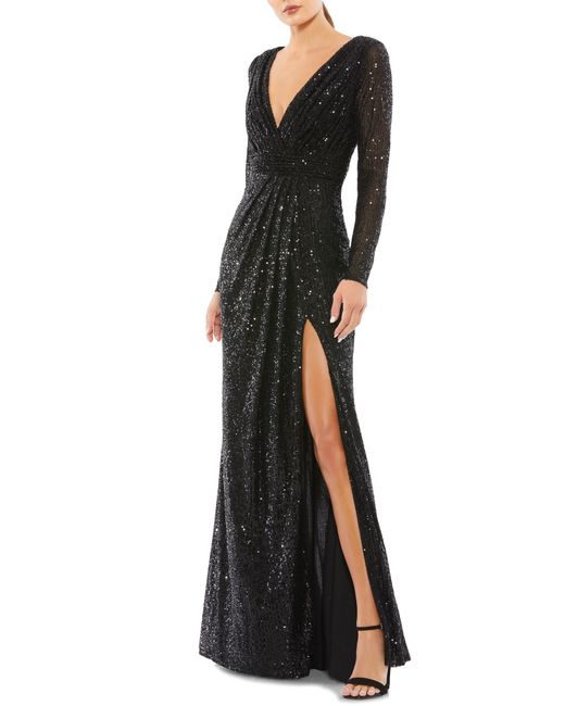 Mac Duggal Long Sleeve Sequin Faux Wrap Gown in at Nordstrom