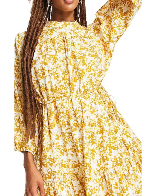 TopShop Floral Print Long Sleeve Minidress in Yellow/White at Nordstrom