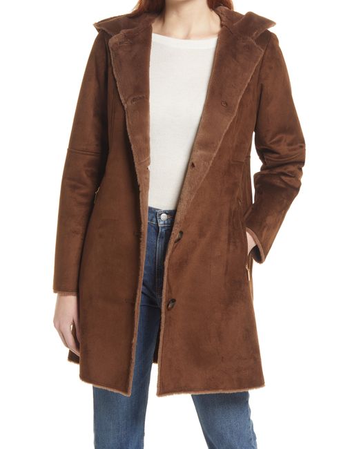 Gallery Hooded Faux Shearling Long A-Line Coat in at Nordstrom