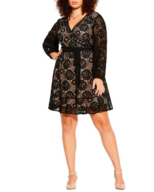 City Chic Lace Fly Away Faux Wrap Dress in Nude at Nordstrom