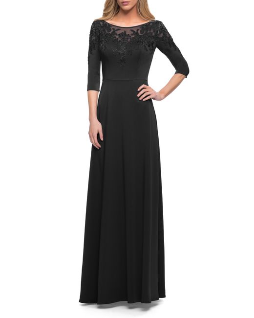 La Femme Embroidered Illusion Neck Gown in at Nordstrom