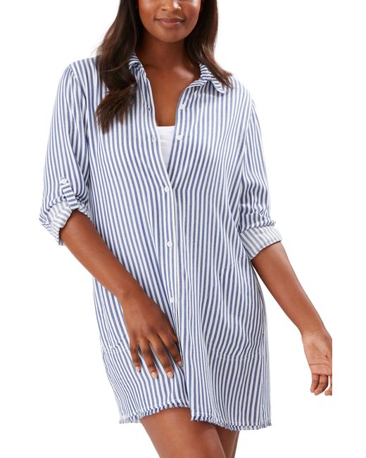 Tommy Bahama Chambray Stripe Long Sleeve Cover-Up Boyfriend Shirt X-Small at Nordstrom