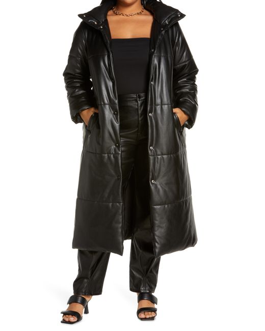 Open Edit Faux Leather Maxi Puffer Coat in at