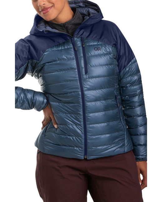 Outdoor Research Helium 800 Fill Power Water Resistant Down Jacket Large in Nimbus/Naval at