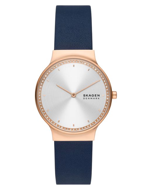 Skagen Freja Crystal Accent Leather Strap Watch 34mm in at