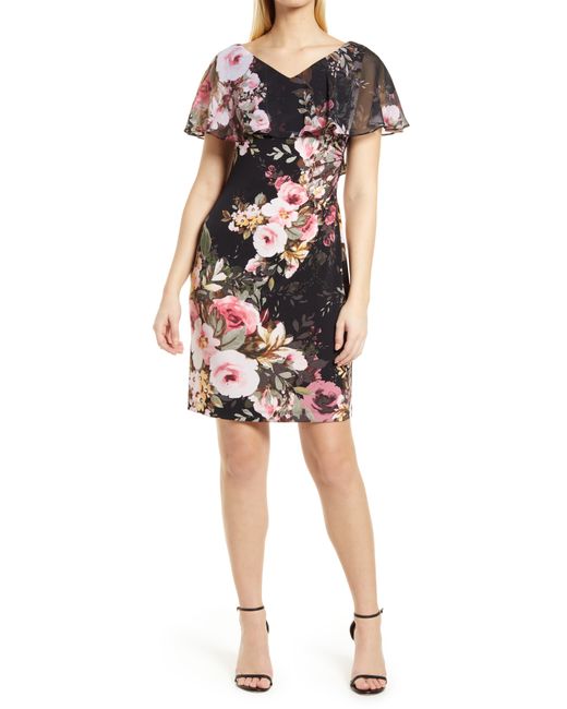 Connected Apparel Floral Print Knit Cape Dress in at