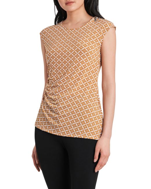 Chaus Geometric Zip Ruched Knit Top in Honeybee at X-Large